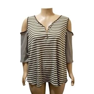 Rue + Junior’s Olive White Striped Cold Shoulder Half-Zip Top 3X
